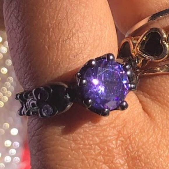 2PC Black Gold Plating Gothic Skull Rose Rings Crystal Amethyst Rhodolite - Picture 6 of 9